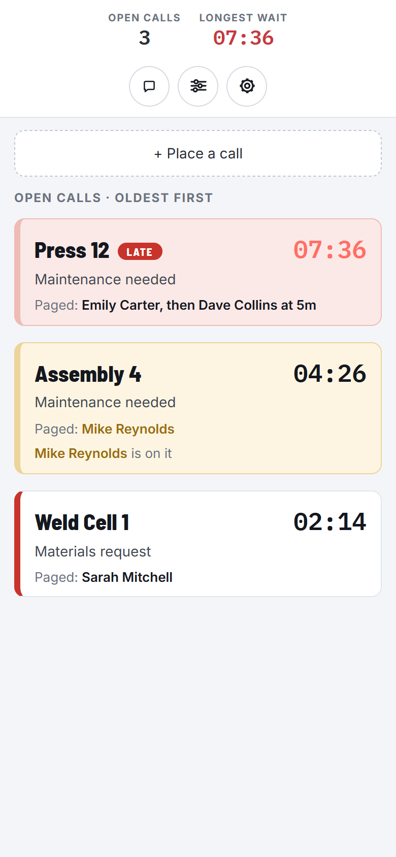 The same open calls on a phone, oldest first